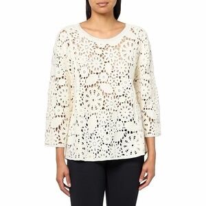 John Mark‎ Sz M Open Knit Crochet Sweater Top 3/4 Sleeve Ivory Coastal Bohemian